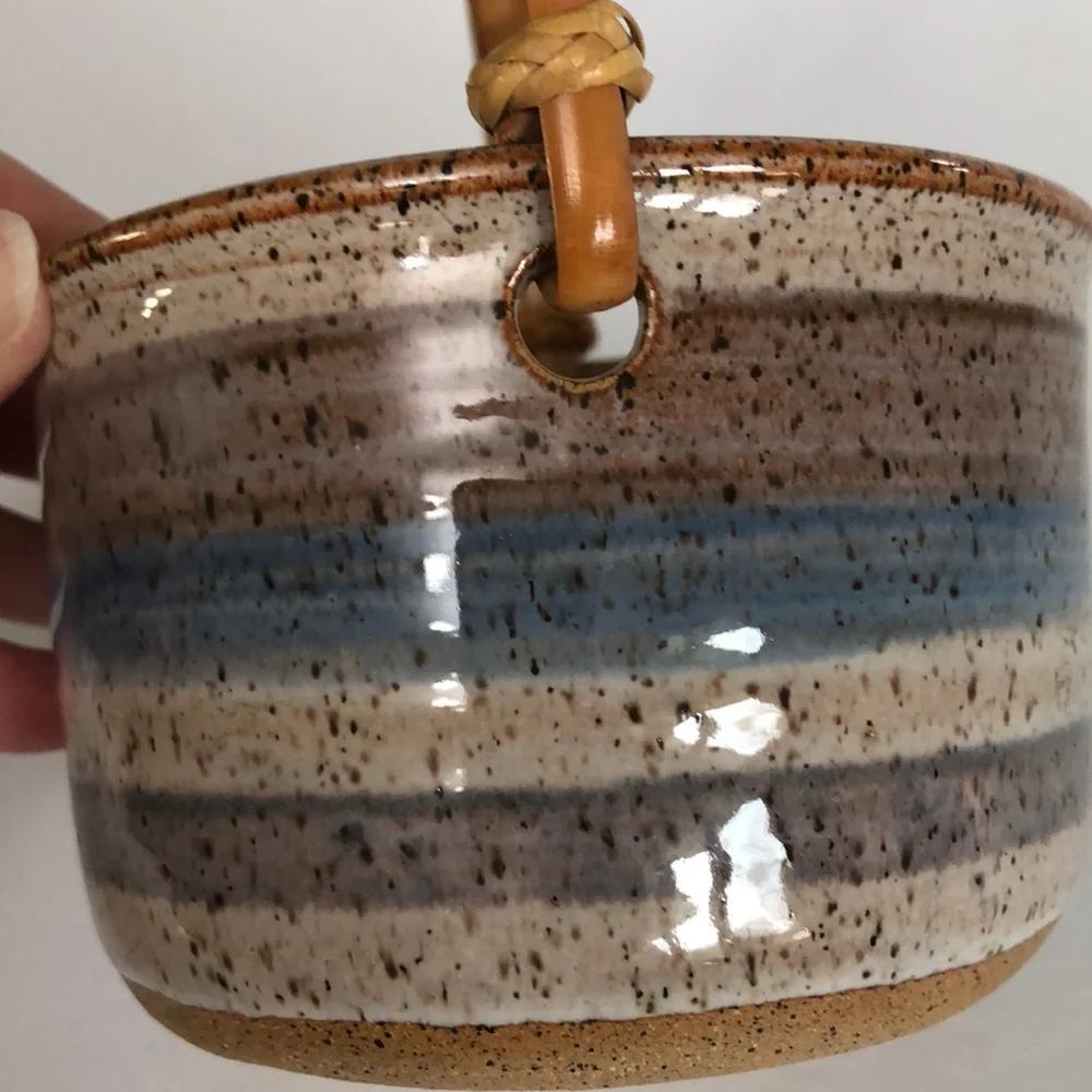 Art Pottery Glazed Basket Style Bowl With Bamboo Handle-Signed